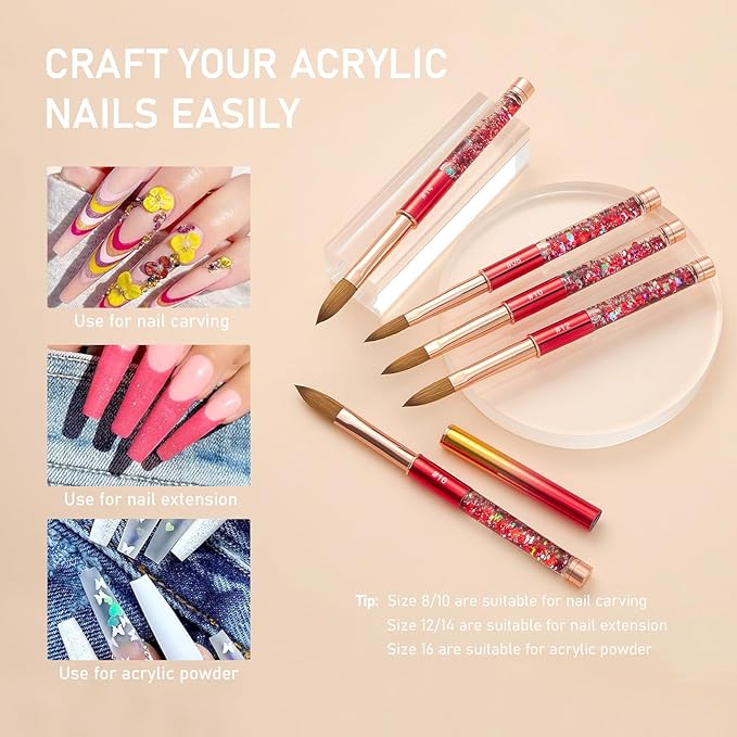 Acrylic Nail Brush Size 08, 100% Real Kolinsky Nail Brush for Acrylic Powder Application, Handmade Women Manicure Nail Extension Tool for Professional DIY Home Salon and Beginner