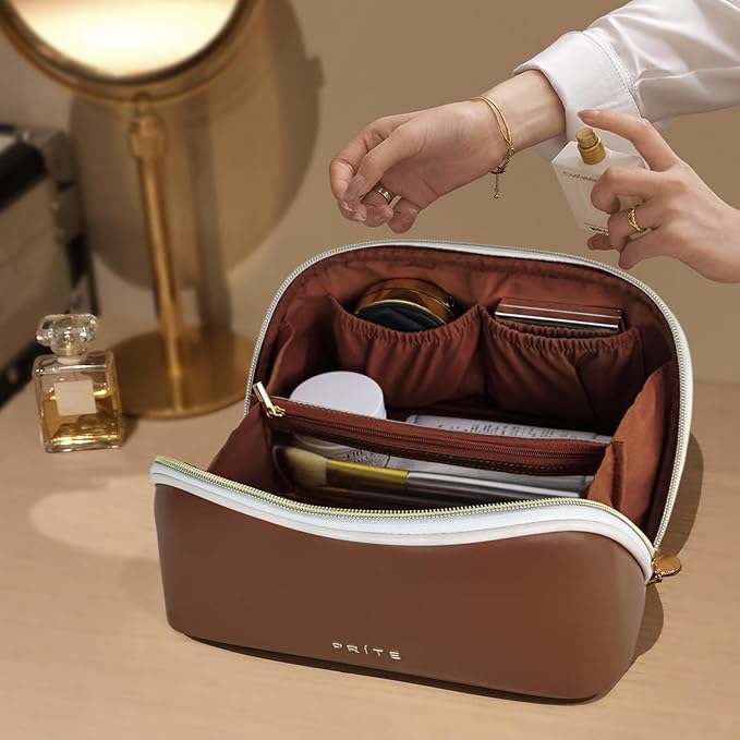 Prite Makeup Bag Travel Toiletry Bag Open Flat Cosmetic Organizer for Women