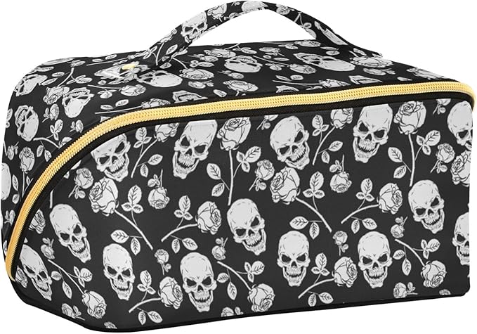 MNSRUU Makeup Organizer Bag, Skull with Rose Print Travel Makeup Bags Makeup Vanity Case Large Capacity Rhombus Cosmetic Toiletry Bag for Girl Women Ladies