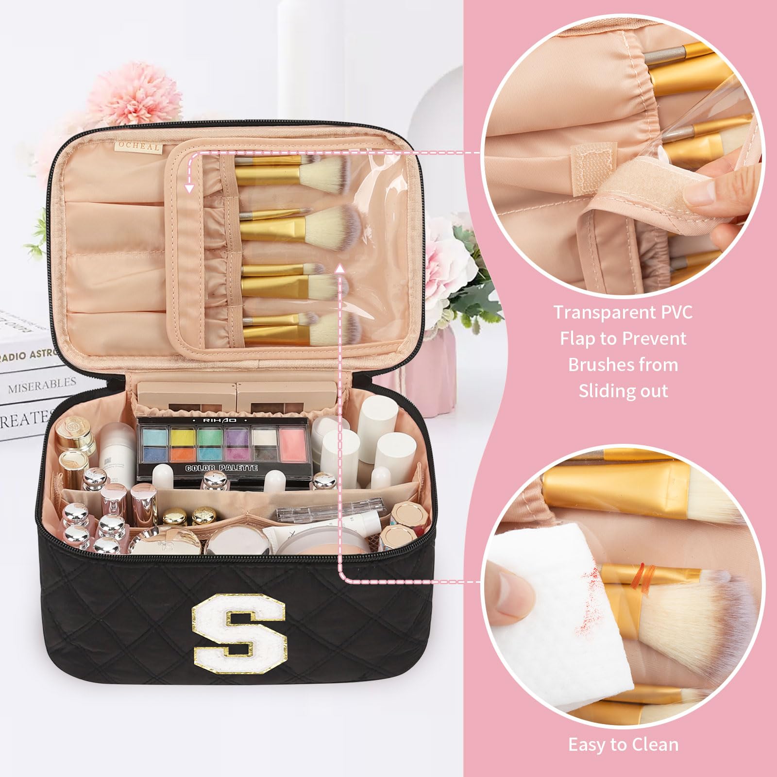 OCHEAL Makeup Bag for Women, Monogram Cosmetic Bag Black Travel Makeup Case Beauty Toiletry Bag Organizer Personalized Gifts for Girls Bridesmaid, Sister, Wife, Friends Initial S