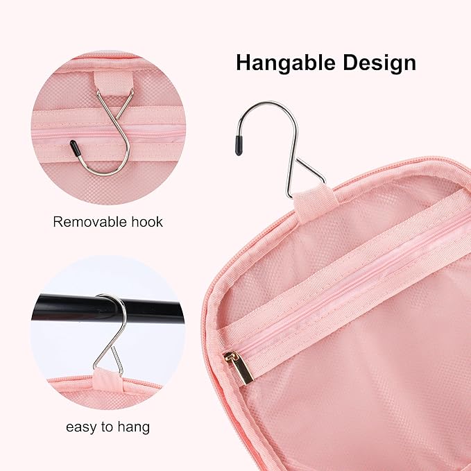 YFG Travel Toiletry Bag for Women & Men, Transparent Cosmetic Organizer with Hook, Portable, Organizer, for Travel-Sized Shampoo, makeup Accessories, Brushes Set, Conditioner, Medium Size Pink