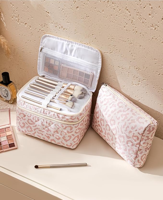 HBselect 2Pcs Travel Makeup Bag Large Quilted Cosmetic Bag Make up Bag