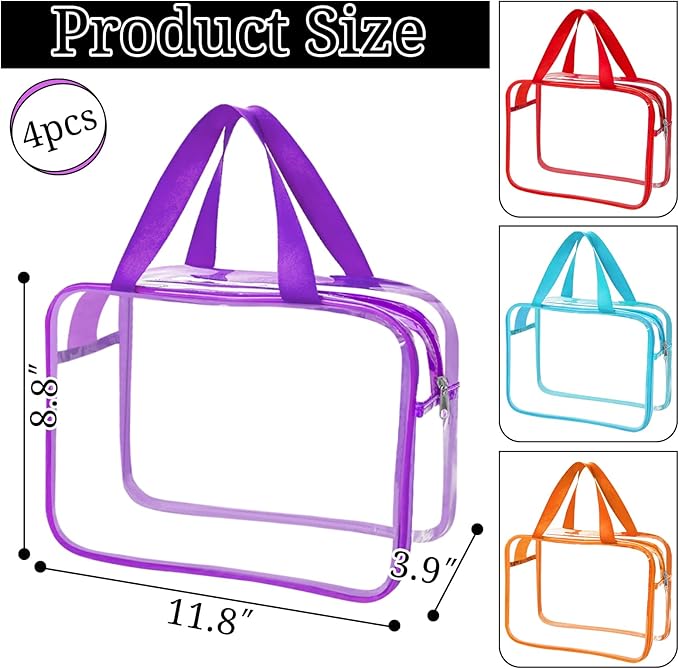YOQIVEXU 4 Pack Large Clear Makeup Bag, Heavy Duty Plastic Clear Cosmetic Toiletry Organizer Bags with Handle, Waterproof Toiletry Zipper Tote Bags for Travel, Gym, Cosmetic, Toiletry