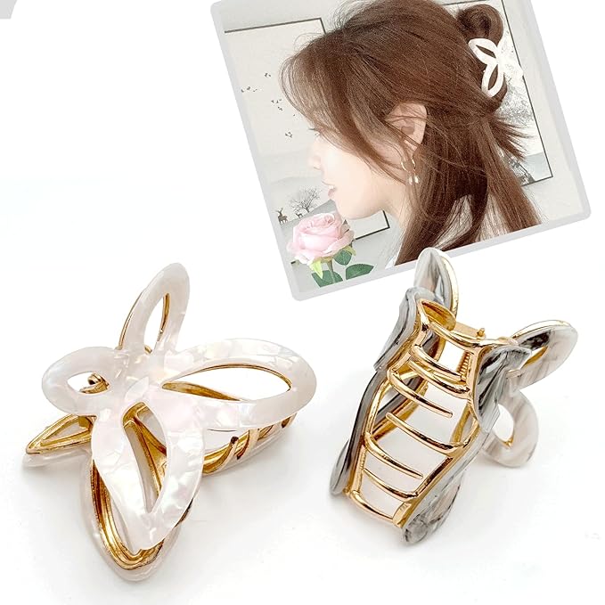Solilayx Metal Butterfly Hair Clips for Women -White & Grey Marble Pattern Fashion Decorative Hair Clips, Cute Hair Accessories for Girls, 2 Pack