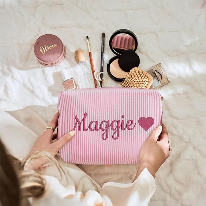 Ajiangwu Personalized Makeup Bag with Embroidered Name&Birth Flower for Bridesmaid Gifts,Custom Small Travel Cosmetic Bag Toiletry Bag Wedding Gifts for Bride