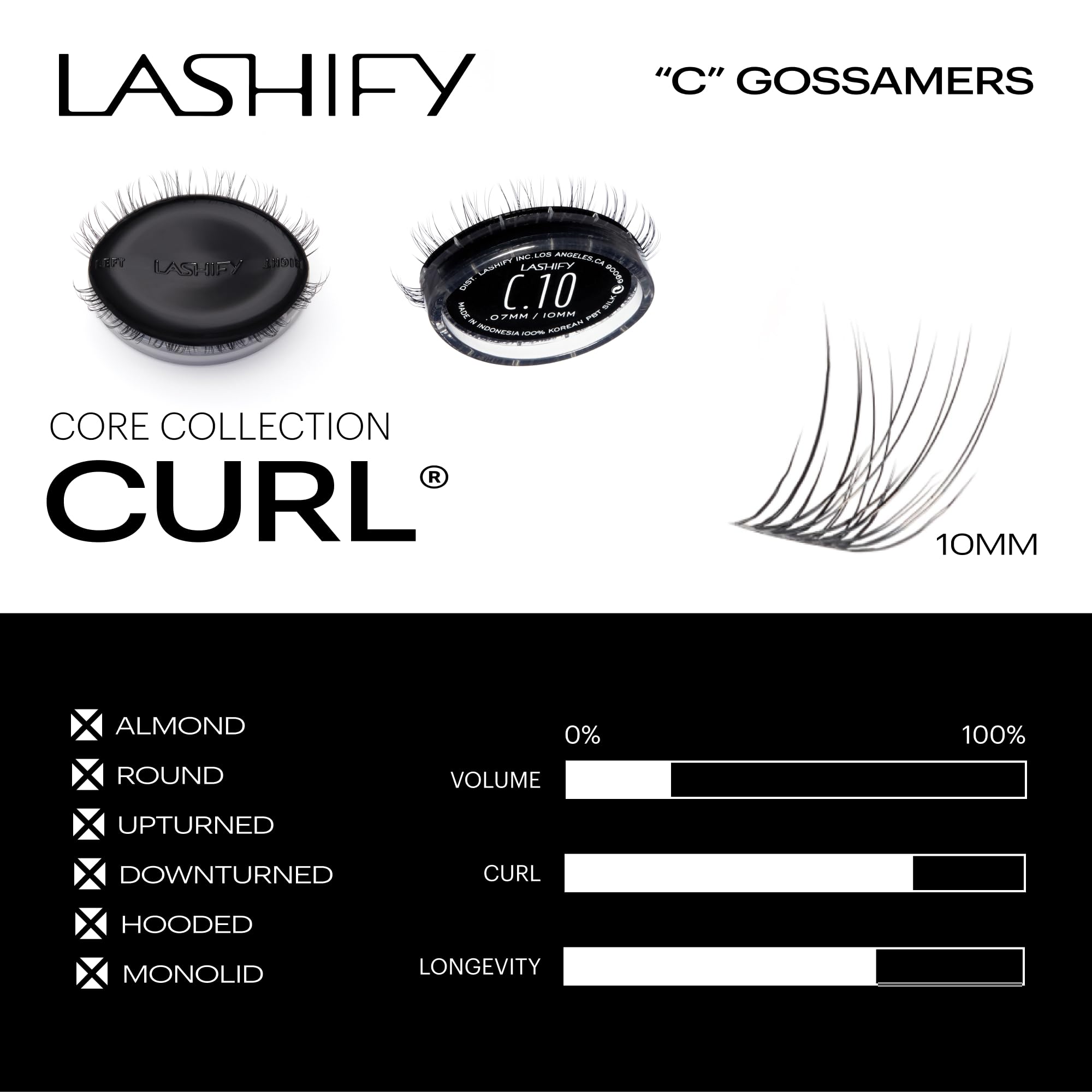 Lashify Curl 10mm Gossamer DIY Eyelash Extensions Refill, Black, Easy False Eyelashes for a Natural Look