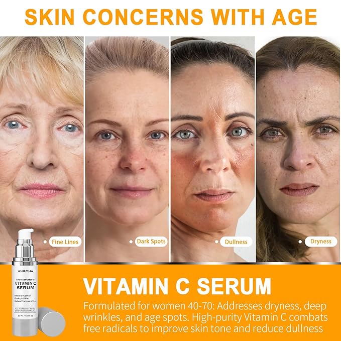 Anroha Super Vitamin C Face Serum for Women Over 70, Large Size 1.7 fl oz (50ml) - Fragrance-Free Multi-Tasking Age Defying Hydrating Complex for Mature Sensitive Skin