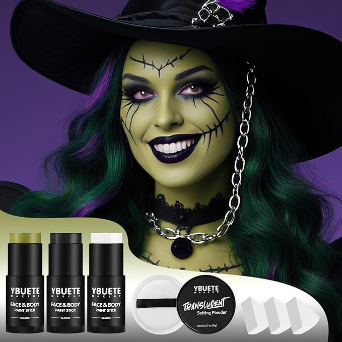 YBUETE Black White Ogre Green Face Body Paint Stick Set for Halloween FX