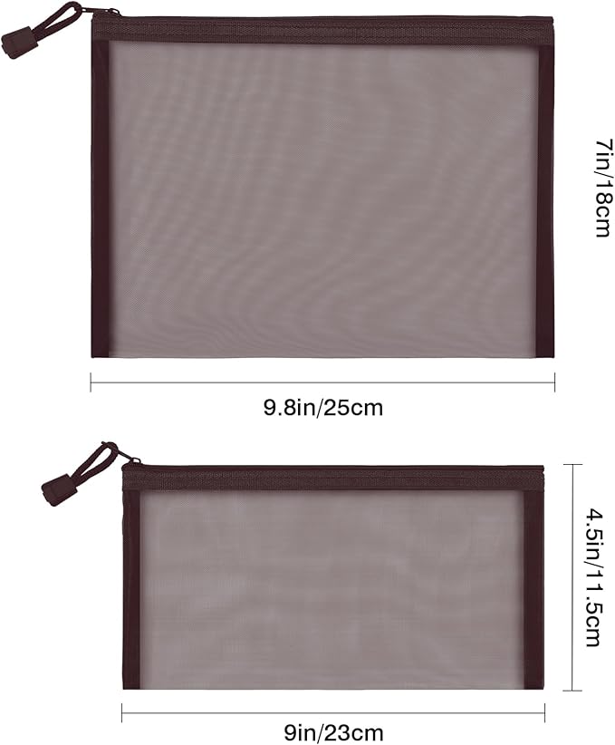 Sinzip 12 Pieces Zipper Nylon Mesh Pouch, Mesh Cosmetic Bags Makeup Bags Pencil Case, Multipurpose Travel Bags for Cosmetic School Office Supplies and Travel Accessories (Coffee, A5)