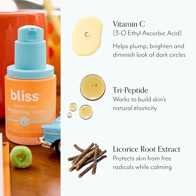 Bliss Vitamin C + Tri-Peptide Face Serum - Stabilized Vitamin C for Dark Spots, Fine Lines & Firmness - Brightening Serum with Collegen Boosting Peptides, Hyaluronic Acid, Squalane - 1 Fl Oz
