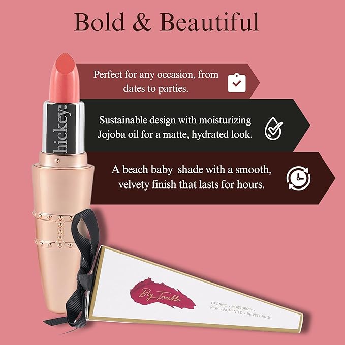 Hickey Refillable Pendant Lipstick, Beach Babe[Coral] – Wearable Satin Lip Color on a Chain, Refillable Clean Beauty, Full Lipstick Included