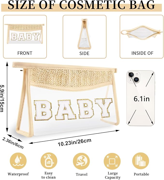 Small Boho Straw Clear Baby Makeup Bags for Women&Girls, Zipper Cosmetic Bag Chenille Varsity Letter Patch Bag, Preppy Cute Toiletry Pouch, Trendy Organizer Storage Bag for Beach Travel Essentials