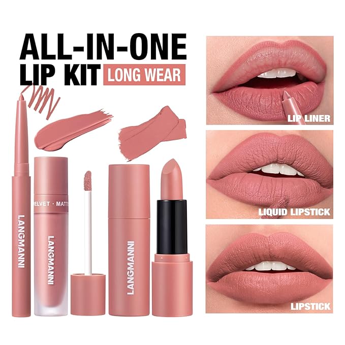 LANGMANNI 3 in 1 Matte Velvet Lipstick Set-Lip Liner,Lip Gloss and Lipstick Combo,Perfect for Natural Lip Contour,Waterproof And Longlasting Effect Lip Makeup,Unique Festival Gift (#03, Pack of 1)