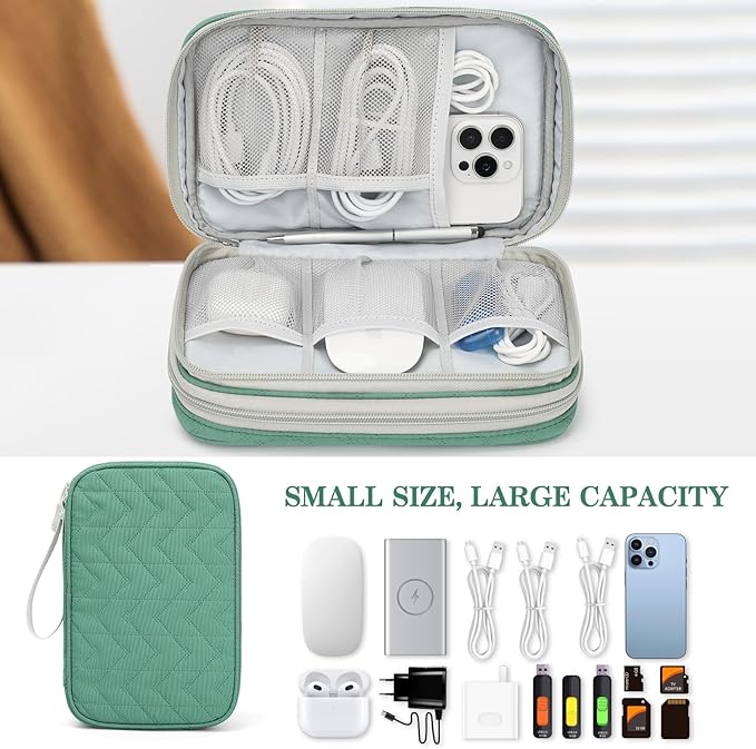 FYY Electronic Organizer, Travel Tech Pouch Bag, Large, Green Quilted
