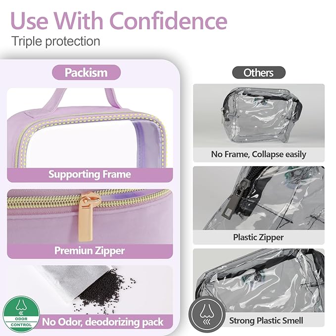 PACKISM Clear Makeup Bag Travel - TSA Approved Toiletry Bag, 2 Pack Purple