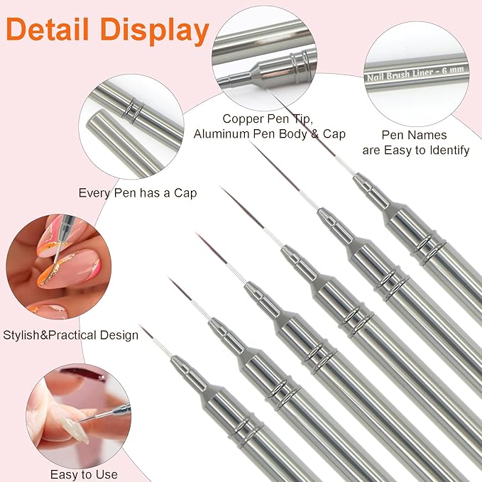 MYR 6Pcs Metal Nail Art Brushes & 2pcs Nano Nail Files for Nail Art Designs