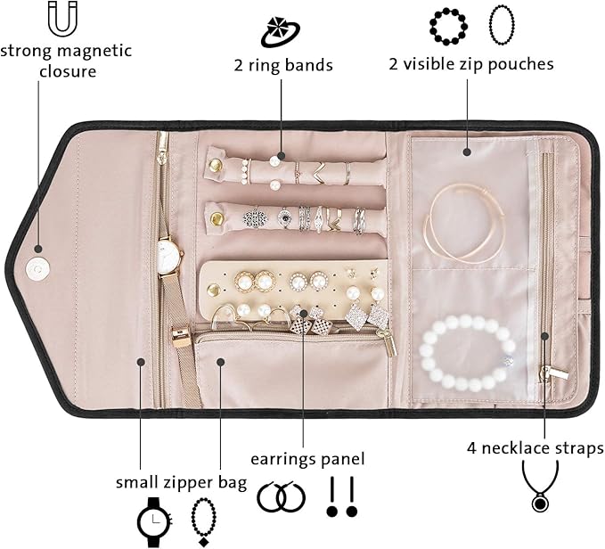 BAGSMART Travel Jewelry Organizer Roll Foldable Jewelry Case,Black