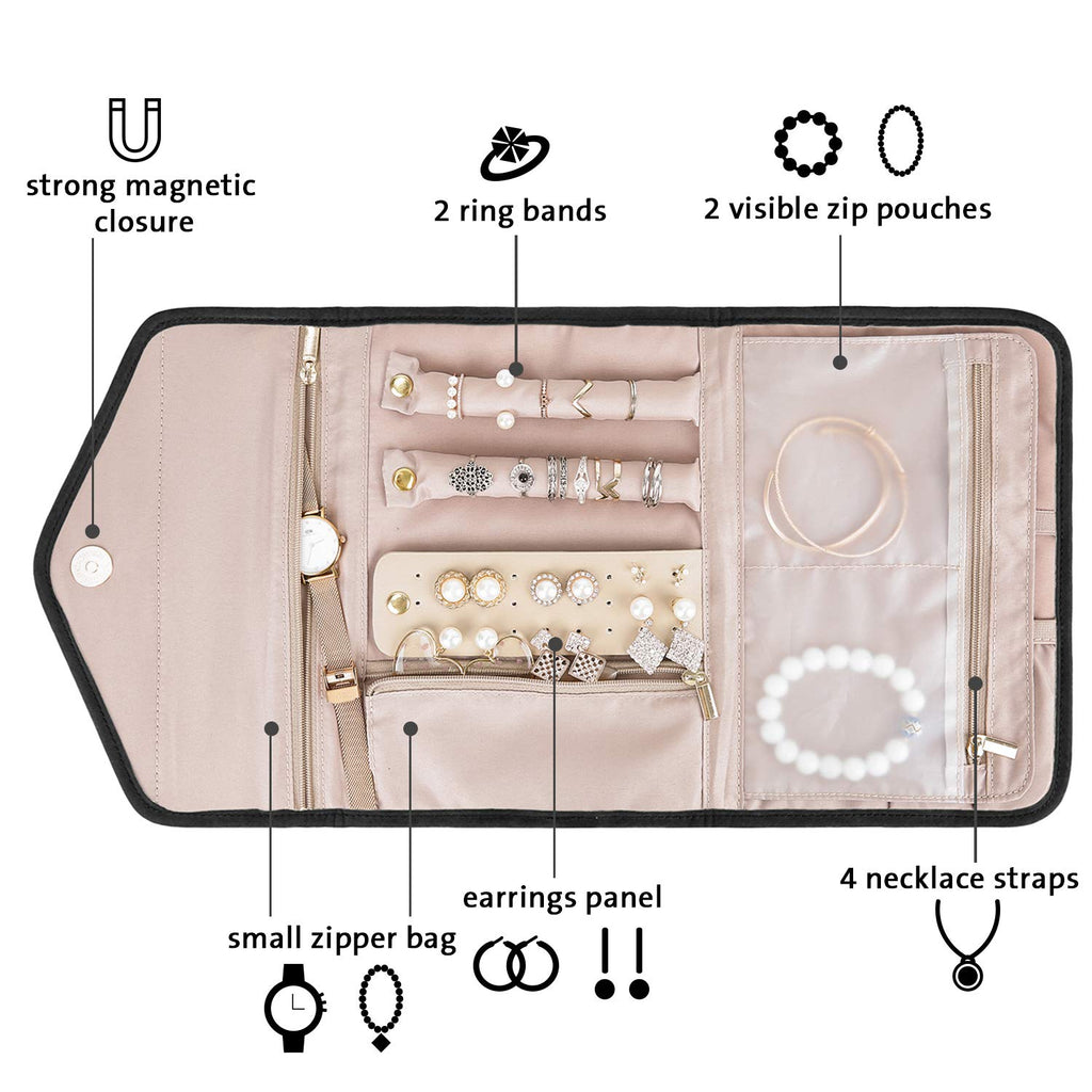 BAGSMART Travel Jewelry Organizer Roll Foldable Jewelry Case,Black