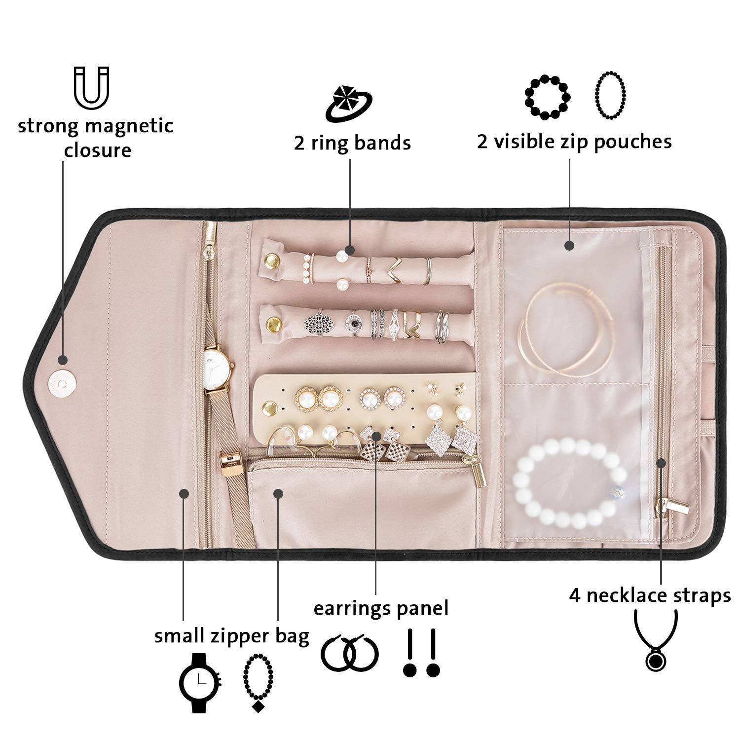 BAGSMART Travel Jewelry Organizer Roll Foldable Jewelry Case,Black