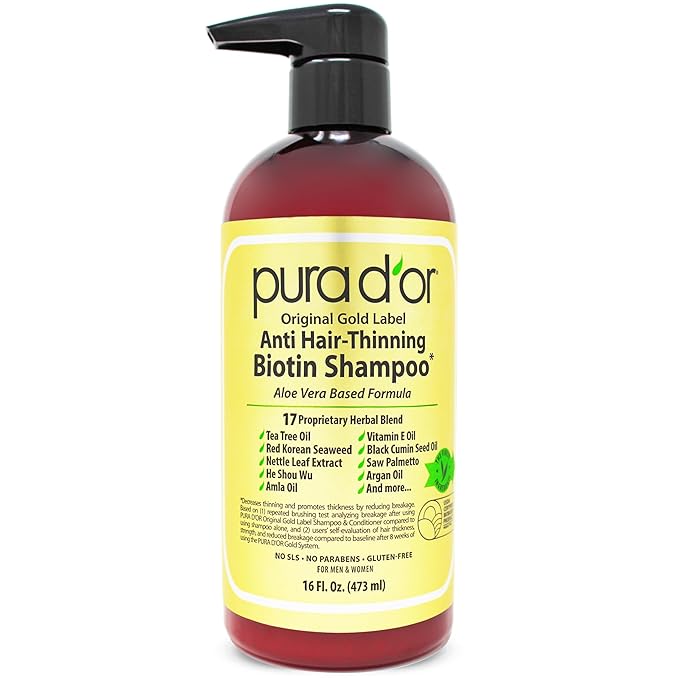 PURA D'OR Original Gold Label Anti-Thinning Shampoo - CLINICALLY TESTED - Biotin & Argan Oil – Sulfate-Free Strengthening & Volumizing for Fuller-Looking Hair, Men & Women, Natural Earthy Scent 16 oz
