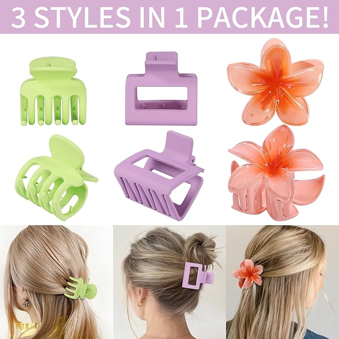 Hair Clips for Women 9 Pack Medium Claw Clips, No Slip Strong Hold Hair Clips for Thick & Thin Hair, Flower Square Aesthetic Styles for Everyday Styling, Trendy Hair Accessories (Purple)
