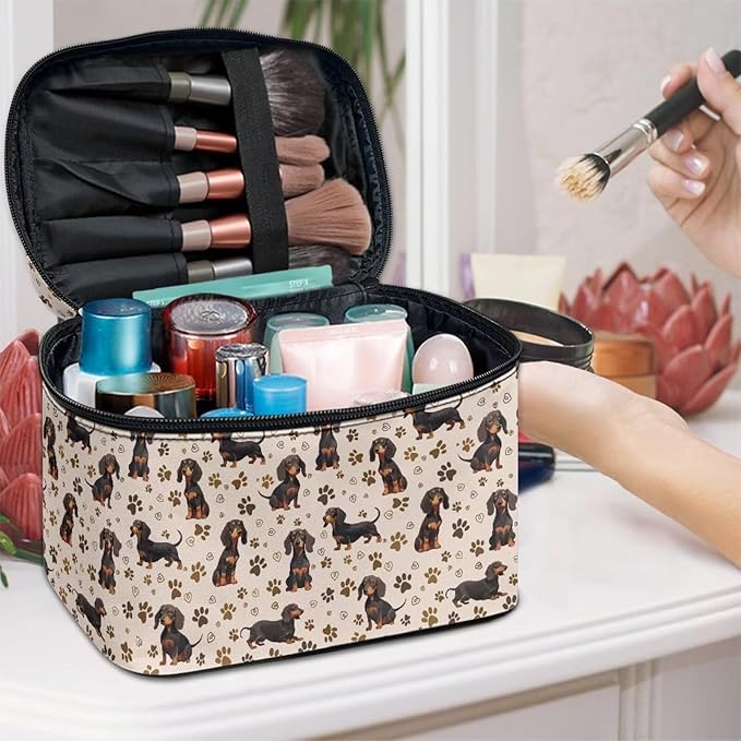 Drydeepin Dachshund Dog & Paws Print Travel Makeup Bags for Women Portable Tote Cosmetic Case with Carry Handle Toiletry Accessories Storage Organizer Bags, Beige