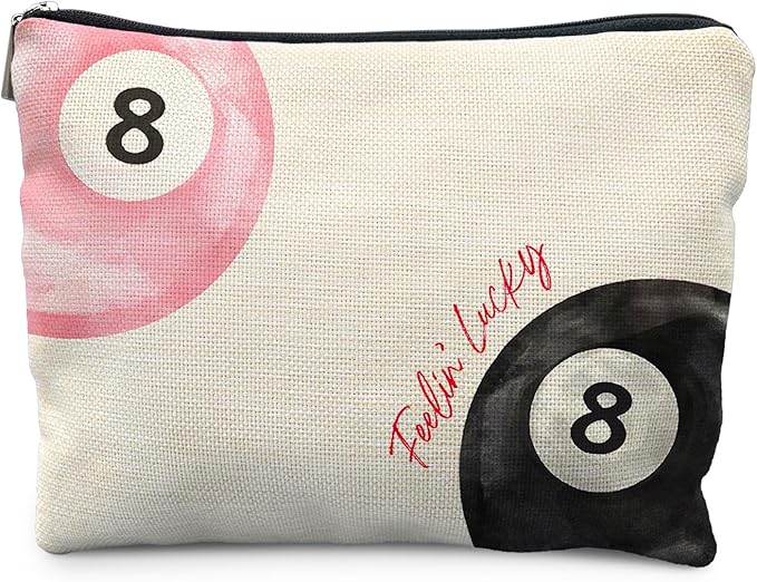 Likjad Retro Pink and Black Lucky 8 Ball Makeup Bag, Funky Preppy Cosmetic Bags for Women, Preppy Stuff Makeup Pouch, Feeling Lucky Zipper Pouch