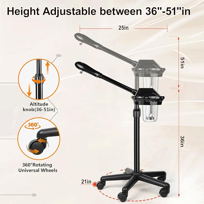 Professional Facial Steamer for Deep Hydration,Ozone Face Steamer with More Steam,Estheticians Steamer on Wheels with Time Setting,Adjustable Height Suitable for Beauty, Spa and Home Use