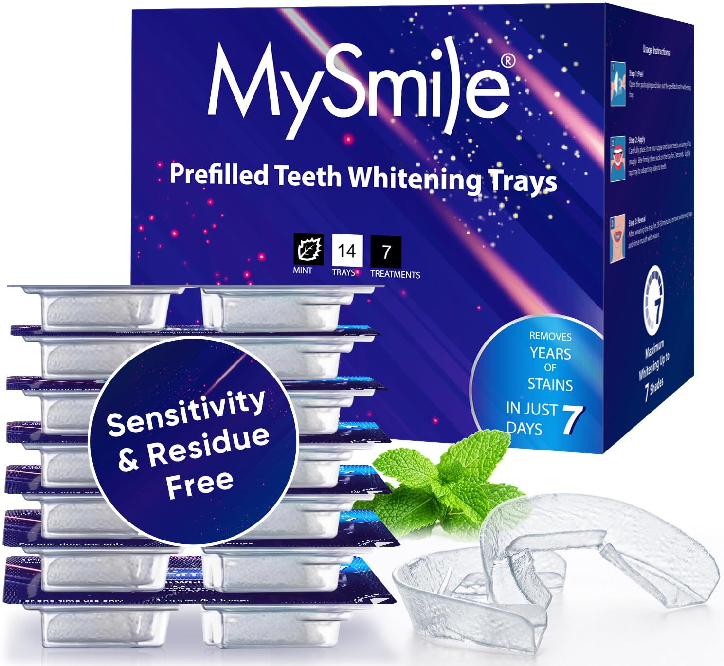 MySmile 7 Treatments Prefilled Teeth Whitening Trays Kit with 12% Hydrogen Peroxide Whiter Gel for Sensitive Tooth, Fast-Result Vegan Teeth Whitener U-Wraps Tooth Stain Remover, Mint Flavor