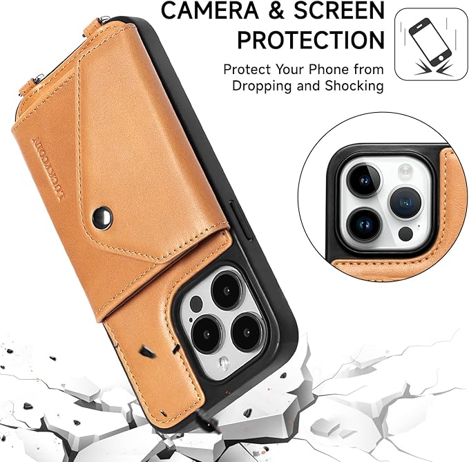 LUCKYCOIN Crossbody Phone Case for iPhone 14 Pro Max, 100% Genuine Leather Phone Wallet Case for Women, Premium Hands-Free Phone Purse with Expandable Flip Card Holder & Adjustable Strap - Retro Tan