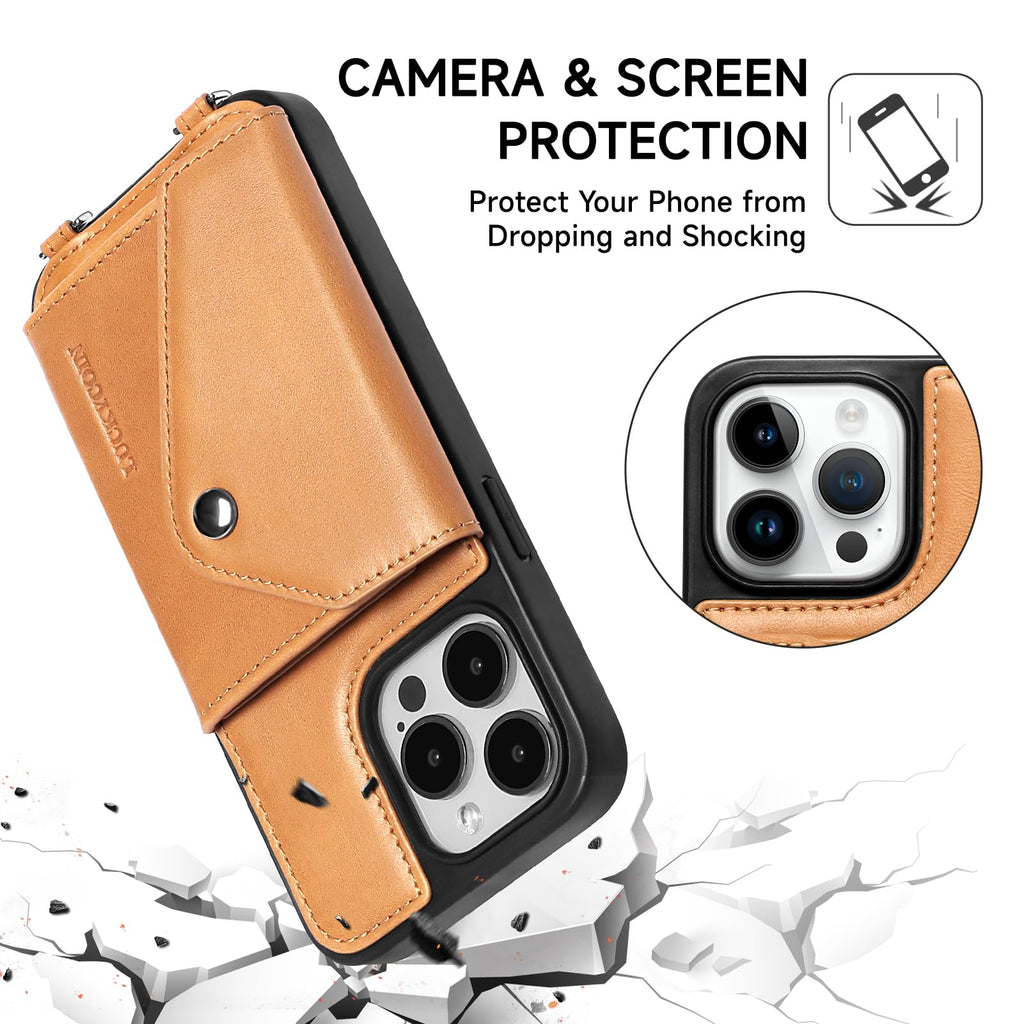 LUCKYCOIN Crossbody Phone Case for iPhone 14 Pro Max, 100% Genuine Leather Phone Wallet Case for Women, Premium Hands-Free Phone Purse with Expandable Flip Card Holder & Adjustable Strap - Retro Tan