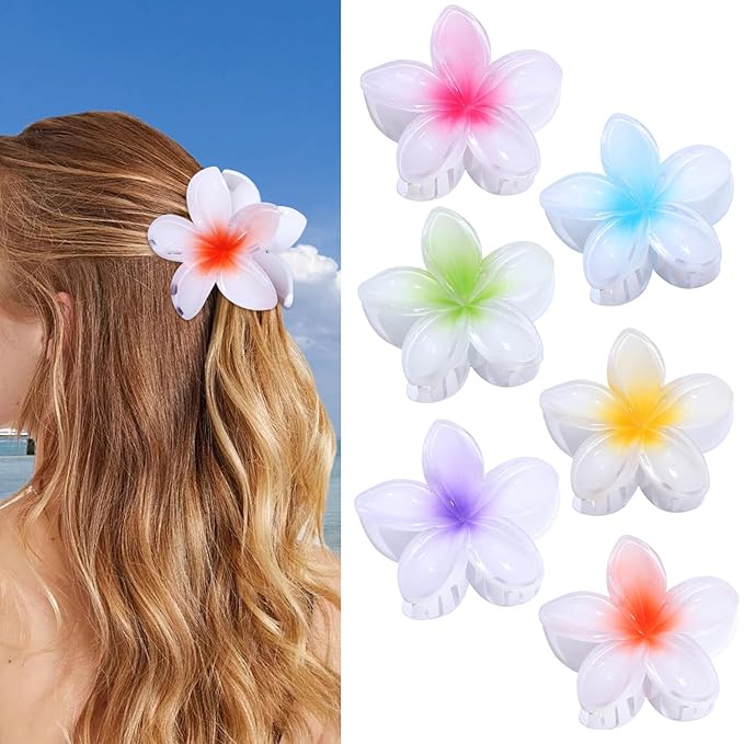CHANDAT Flower Hair Clips 6 PCS Hawaiian Claw Clips for Vacation Hibiscus Hair Claw Clips Cute Large Hair Clips for Thick and Thin Hair Plumeria Hair Accessories for Women Girls -White Colorful
