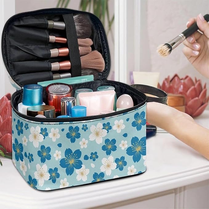 Drydeepin Blue White Cherry Blossom Pattern Travel Makeup Bags for Women Portable Tote Cosmetic Case with Carry Handle Daisy Floral Toiletry Accessories Storage Organizer Bags
