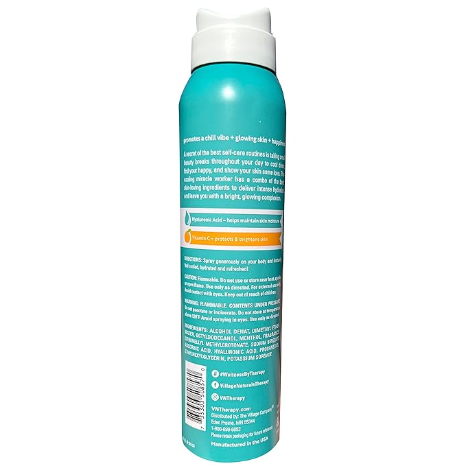 Village Naturals Therapy Wellness Hydrate & Cool Body Spray - Protect and Moisturize Skin with Vitamin C, Menthol and Hyaluronic Acid - Full Body Cooling Mist (Pack of 3 Cans, 4 Ounces Each)