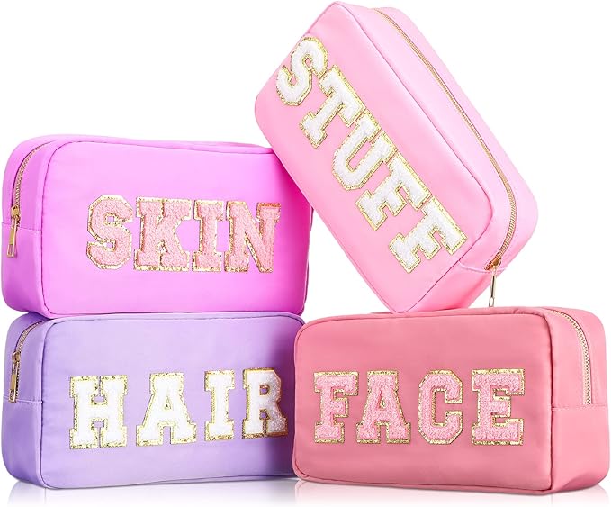 Cunno Preppy Makeup Bags Chenille Letter Stuff Bag Nylon Cosmetic Pouch Cases with Zipper for Women Travel Toiletry(Mixed Color,Classic,4 Pcs)