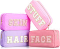 Cunno Preppy Makeup Bags Chenille Letter Stuff Bag Nylon Cosmetic Pouch Cases with Zipper for Women Travel Toiletry(Mixed Color,Classic,4 Pcs)