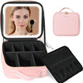 Behaesty Travel Makeup Bag with LED Lighted Mirror, Cosmetic Makeup Organizer Bag with 3 Color Setting, Makeup Train Case with Adjustable Dividers for Women Makeup Brushes Jewelry Accessories (Pink)