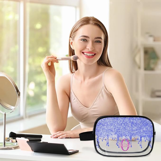 KFNHN Personalized Name Clear Makeup Bag, Custom Women Transparent Cosmetic Travel Toiletry Bag Pouch Organizer for Vacation Weekend, Bright Blue Curtain Glittery