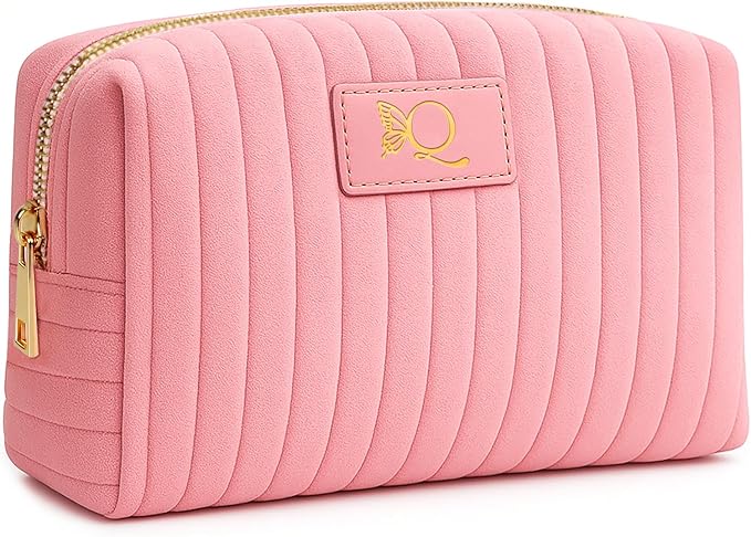 Monogrammed Make Up Bags for Women,Personalized Cosmetic Bags Women,Small Quilted Makeup Pouch,Cute Makeup Bag Travel,Birthday Gifts for Teen Girl (Pink Q)