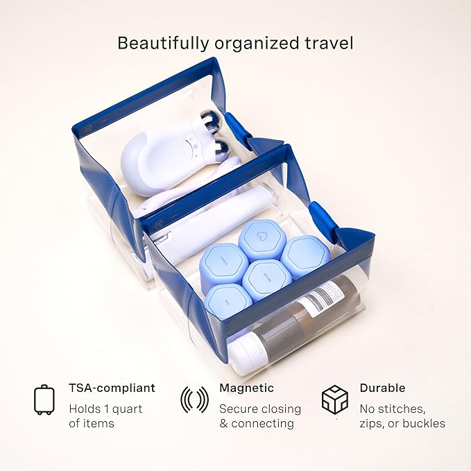 Cadence Parcel - Clear Travel Kit with Zipperless Magnetic Closure - Cove, Medium - Durable, Leak-Resistant and TSA Approved Toiletry Bag - Modular Organization - Recycled TPU (1 Qt)