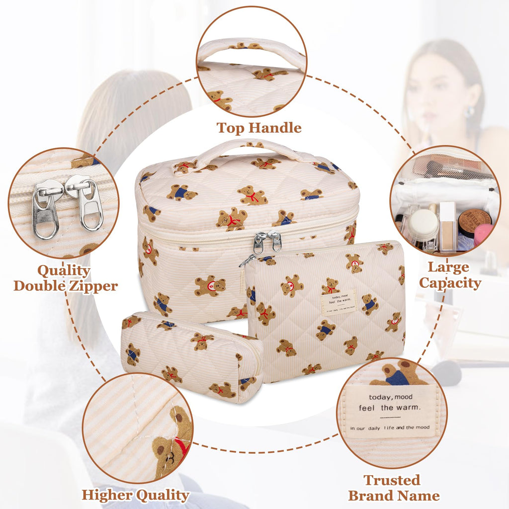 Gosect 3PC Makeup Bag Set, Quilted Makeup Bag, Large Floral Cosmetic Bag for Women, Cute Cotton Makeup Bags, Flower Travel Toiletry Organizer Bag (Bear)