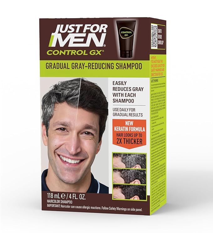 Just for Men Control GX Grey Reducing Shampoo, Gradual Hair Color with Keratin for Stronger Thicker and Healthier Looking Hair, 4 Fl Oz - Pack of 1