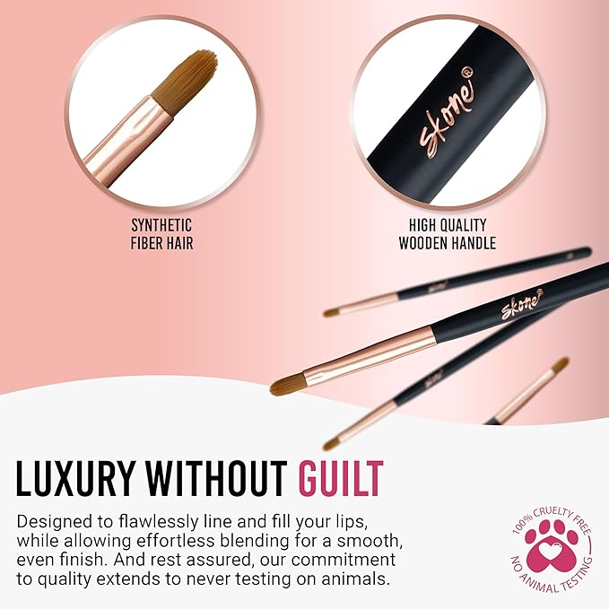 Skone Cosmetics Lip Brush - Luxe Premium Rose Gold and Synthetic Lip Makeup Brush - Professional Grade Nylon Lip Brush for Lipstick and Lip Glosses - Lipstick Brush Makeup Tool - Lipstick Brush Applicator - Cruelty Free Makeup Brushes