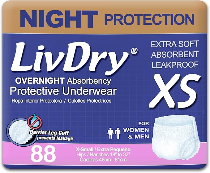 LivDry Adult Incontinence Underwear, Overnight Comfort Absorbency, Leak Protection, X-Small (88 Count)