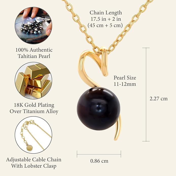 TRYNDI Real Tahitian Black Pearl Necklace Gifts for Women - Larger 11-12mm Luxury Pearl, Mothers Day Gifts For Wife - Christmas Valentines Soulmate Necklace For Women (Black Pearl Twist)