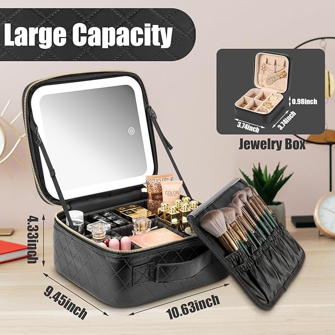 Extrei Gent Makeup Travel Train Case with Mirror LED Light 3 Adjustable Brightness Cosmetic Bag Portable Storage Adjustable Partition Waterproof Makeup Brushes Makeup Jewelry Gift for Women (Black-1)