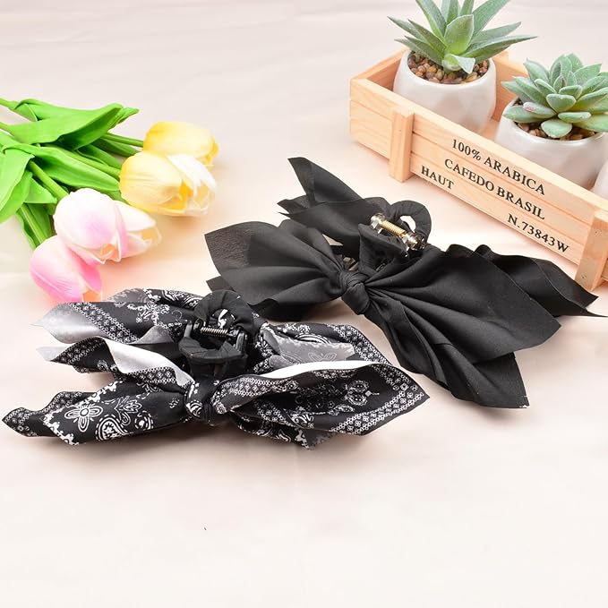 Hadutrek Bow Claw Clips Bow Hair Clips Black 2PCS Big Hair Bows for Women Butterfly Styling Large Hair Clips for Thick Hair for Girls Hair Accessories for Teen