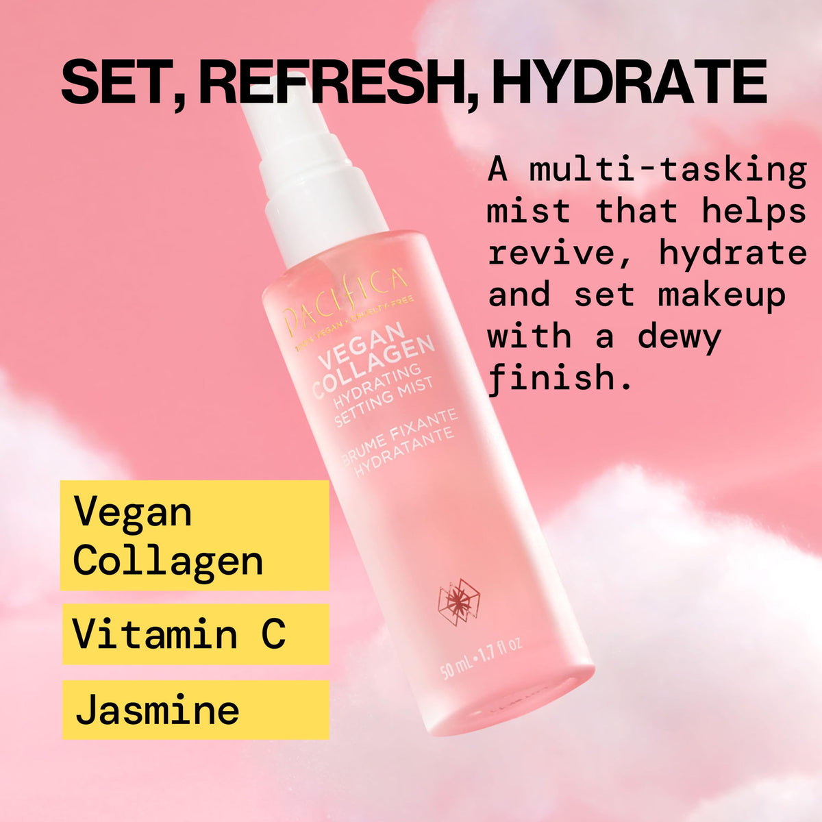 Pacifica Beauty Vegan Collagen Hydrating Setting Mist – Hydrating Illuminating Face Primer for Dewy Skin, w/Vegan Collagen & Squalane for Radiant Glow, Soft-Focus Pore Blurring Makeup Base