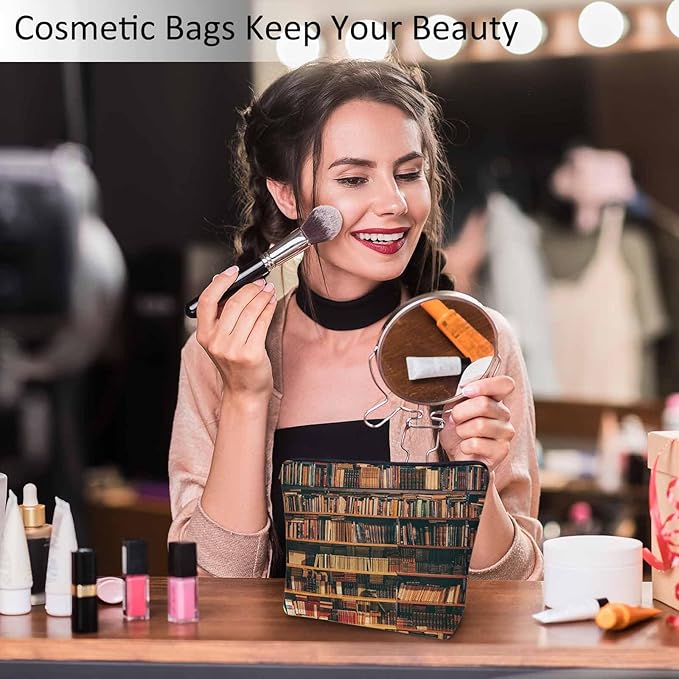 Kalygon Vintage Library Bookshelf Makeup Bag for Purse, Travel Toiletry Pouch, Cosmetic Organizer, Old Books Pattern Flax Pencil Case for Men and Women