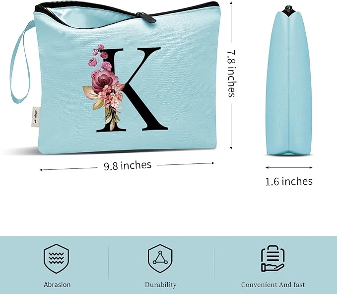 Vavabox A-Z Personalized Makeup Bag, Birthday Gifts for Women Mom, Gifts for Best Friend, Bride Bridesmaid Cosmetic bag (K, Aqua)